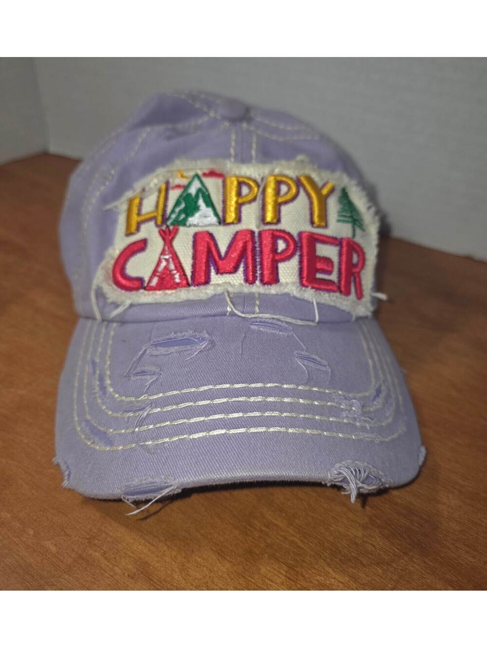 4350 District hat purple distressed with happy camper embroidered on front